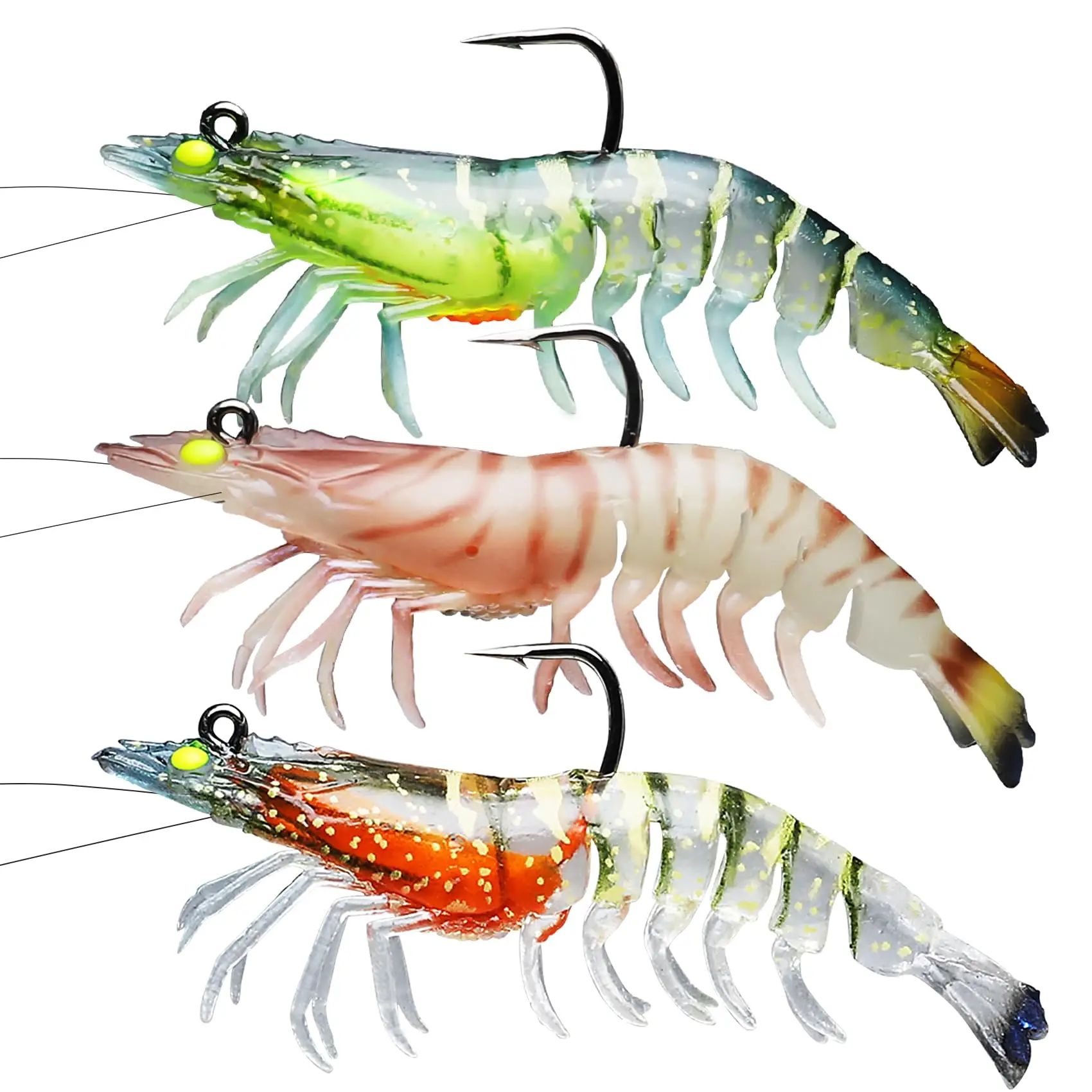Truscend Bottom Fishing TPE Shrimp Lures, 3/3.5/4.3'' Pre Rigged Fishing Jigs, 1:50 Super Durable Shrimp Lures, Fishing Lures For Bass Trout Walleye,