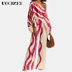 UOOZEE Women's 2025 New Spring Autumn Elegant Two Pieces Sets Casual Loose Printed Striped Puff Sleeves Off-The-Shoulder Blouses & High Waist Wide Leg Pants Suits for Party, Outing, or Office(Smaller Hip Fit - Check Size Guide or Order One Size Larger), P