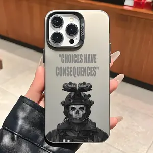 Skull Tactical Soldier Cool TPU Phone Case, Compatible with iPhone 16/15/14/13/12 Pro Max Multi-Camera, Silver Grey Skull Mask Tactical Soldier CHOICES HAVE CONSEQUENCES Slogan, Shockproof Grey Soft Case