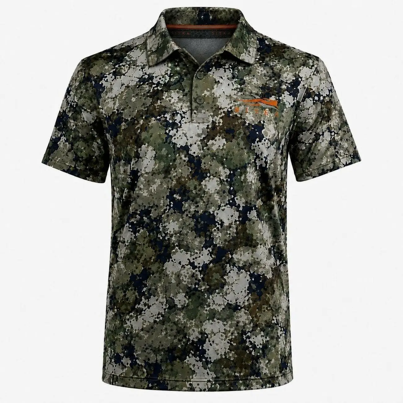 SITKA Men's Woodland Camo Hunting Polo Shirt – Short Sleeve Outdoor Performance Polo for Hunting, Fishing & Camping