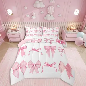 Funny Bowknots Comforter Set,Kawaii Ribbon Bow Bedding,Dreamy Princess Style Down Comforter,Cute Watercolor Bow Tie Quilt