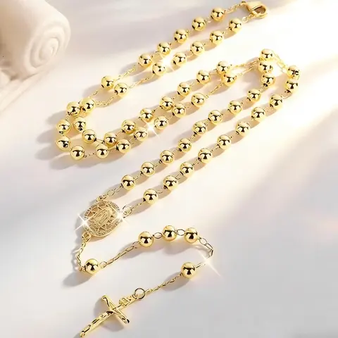 Women's 14K Rose Gold Plated Rosary Bead Pendant Necklace - Virgin Mary, Jesus Cross, Dainty Pearl Charms, Adjustable Chain, Unisex Fashion Pendants, Women's Costume Jewelry, Rose Gold Aesthetic