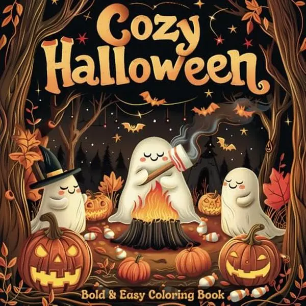 Cozy Halloween Bold & Easy Coloring Book: 50 Cute and Spooky, Big and Simple Designs for Relaxation. Fun Large Print Coloring Pages with Thick Lines for Adults and Kids