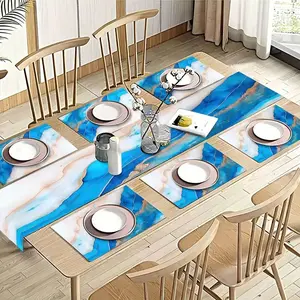Abstract European Blue Gold Marble Table Runner Set, Wedding Holiday Birthday Gift, Kitchen Dining Room Decor Party Decoration