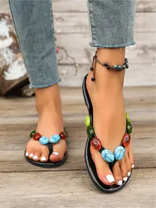Bohemian Flip Flops for Women, Colorful Gemstone Thong Sandals, Summer Flat Beach Shoes, Ethnic Style Vacation Footwear