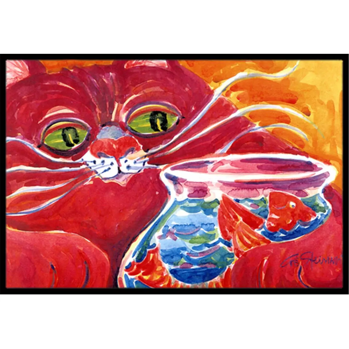 24x36 in. Big Red Cat at Fishbowl Indoor Outdoor Rug, Easy Cleaning, Fade Resistant, Permanently Dyed Indoor Outdoor Mat, Indoor Outdoor Rugs, 24 X 36 In