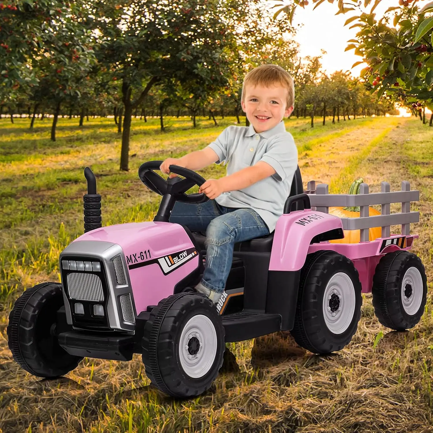 Pink 12V Kids Ride On Tractor With Trailer Remote Control LED Lights And Bluetooth Music Powerful Off Road Pink Trike