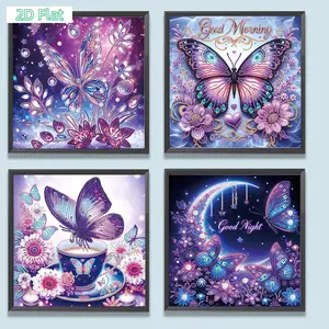 2D Flat 4Pcs 5D DIY Partial Special Shaped Drill Diamond Painting Butterfly Decor, 30x30cm Art Wall Decor for Home
