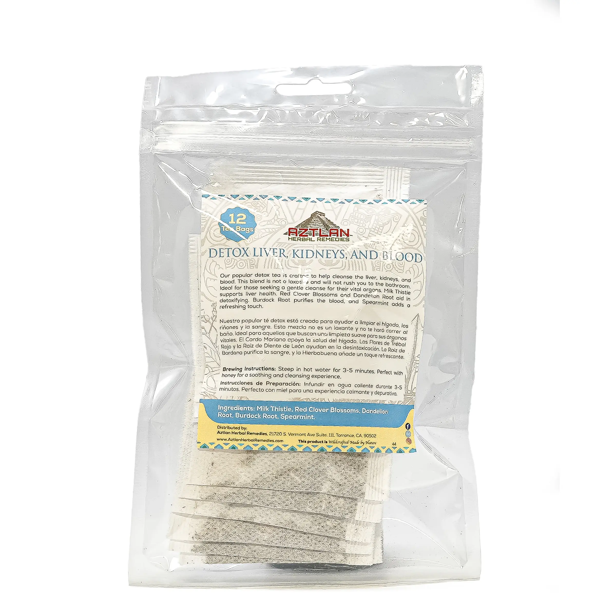 Aztlán Detox Liver Kidneys and Blood Herbal Teabags - 12 Teabags for Healthy Milk Beverage - Natural Ingredients - Ambient Storage