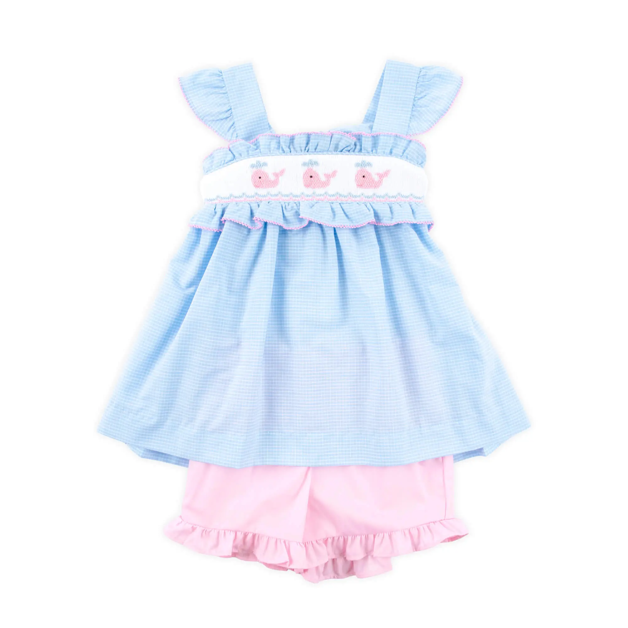 Happy Whale Blue Windowpane Smocked Amy Short Set