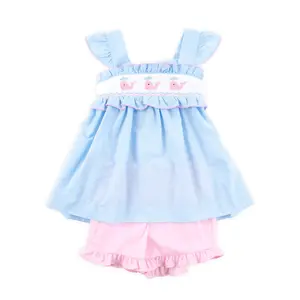 Happy Whale Blue Windowpane Smocked Amy Short Set Happy Whale Blue Windowpane Smocked Amy Short Set