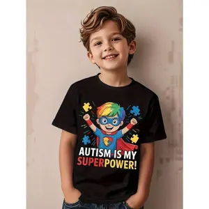 Autism Is My Superpower Kids' T-Shirt - Fun Graphic Design With Superhero Theme, Casual Short Sleeve Tee For Boys & Girls, Perfect For Summer Outings, Outdoor Playwear  Playful Print Shirt  Comfortable Fit