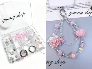 Phone Chain Kit-Pink Rose Materials Craft DIY Handmade Beaded For Beginners-Flower Garden,Pretty Mother's Day Gift,Bag Chain Charm,Stylish Cellphone Lanyard For Women,Fashionable Wrist Strap For Smartphones