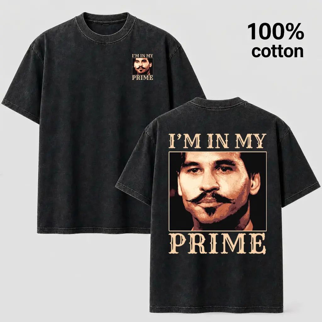Vintage Wash Cotton T-Shirt with "I'M IN MY PRIME" Mustache Man Graphic - Retro Style Oversized Tee