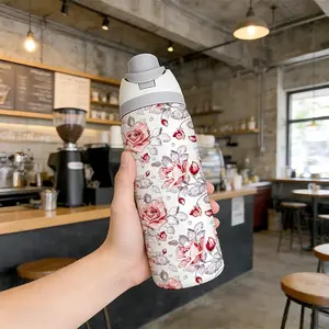 32oz Dual-Use Sports Water Bottle, Elegant Floral Pattern, 304 Stainless Steel Large Capacity Insulated Cup, Perfect Gift for Women