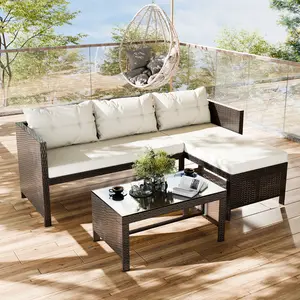 3-Piece All-Weather PE Rattan Outdoor Furniture Set, Patio Wicker Conversation Sofa with Glass Coffee Table, Beige Sectional Couch
