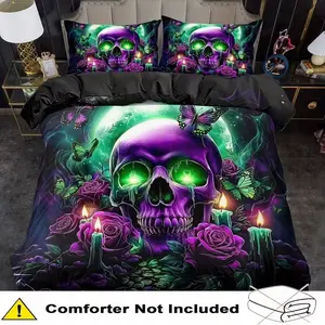 Gothic Skull Bedding Set, 2/3 Piece Butterfly Quilt Cover, Bedroom Decor, Guest Room, 2D Flat Print, Includes 1 Fitted Sheet + 1/2 Pillowcases