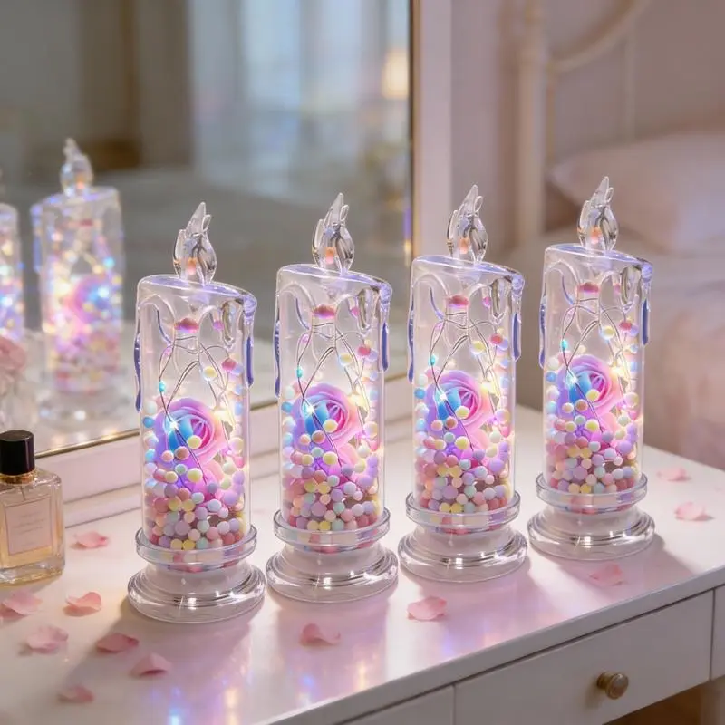 Set of 4 Multicolor Rose Flame-Free Candles Creative Ambiance Romantic Candles LED Realistic Electronic Candles with Preserved Flowers Night Light Decorative Piece Valentine's Day, Halloween, Christmas Gifts Wedding & Proposal Decorations