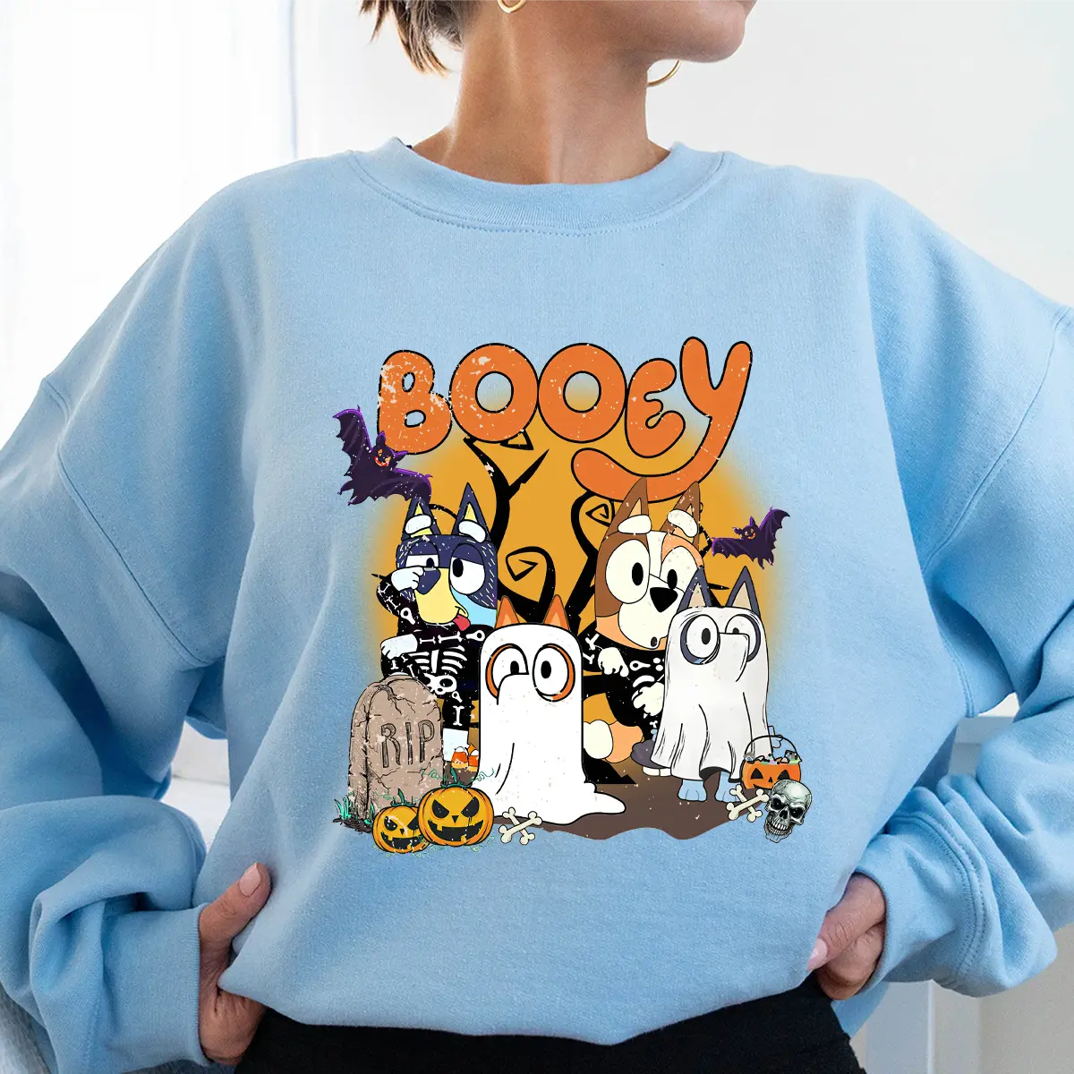 Retro Blue Halloween Shirt, Spooky Season Sweatshirt, Booey Funny Halloween Tee, Halloween Gift, Witchy Bats T-Shirt, Spooky Vibes Shirt