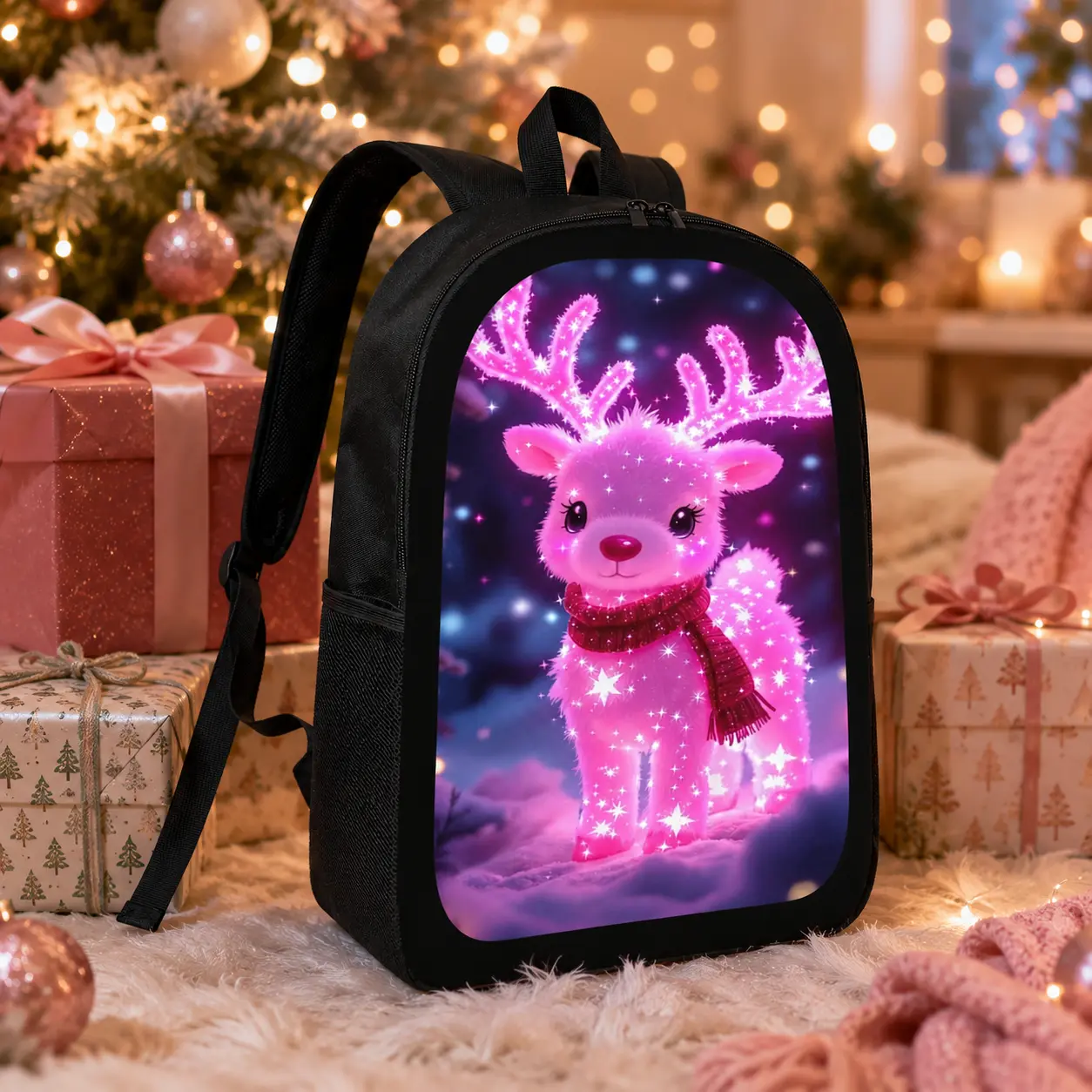 Pink Christmas Reindeer Backpack, Sparkling Cute Deer Graphic Black School Bag, Holiday Travel Daypack for , Teens & Students