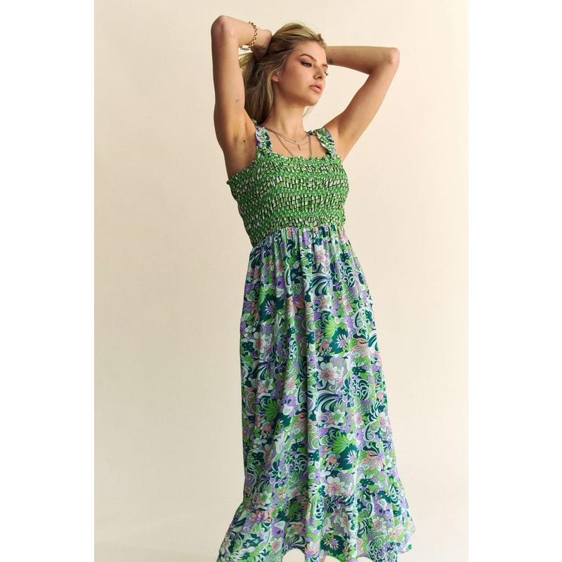 Davi & Dani Multi Smocked Bodice Geo Ruffle Strappy Midi Dress