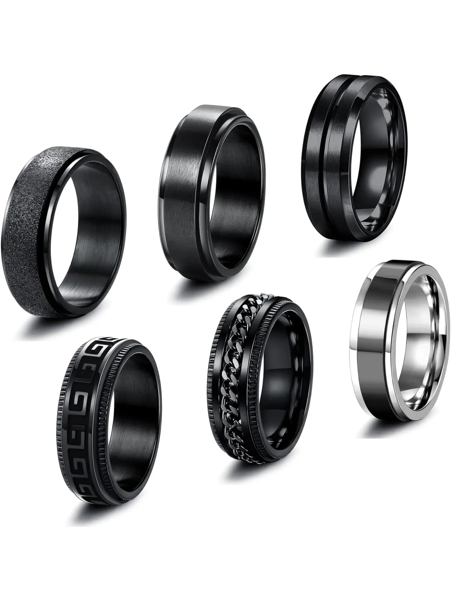 6-Piece Men's Stainless Steel Ring Set: Black Vintage Chain Rings, Interlocked Stackable Rings, Rotating Ring Set, Gothic Punk Wedding Vow Band, Sizes 11, Stacking Rings