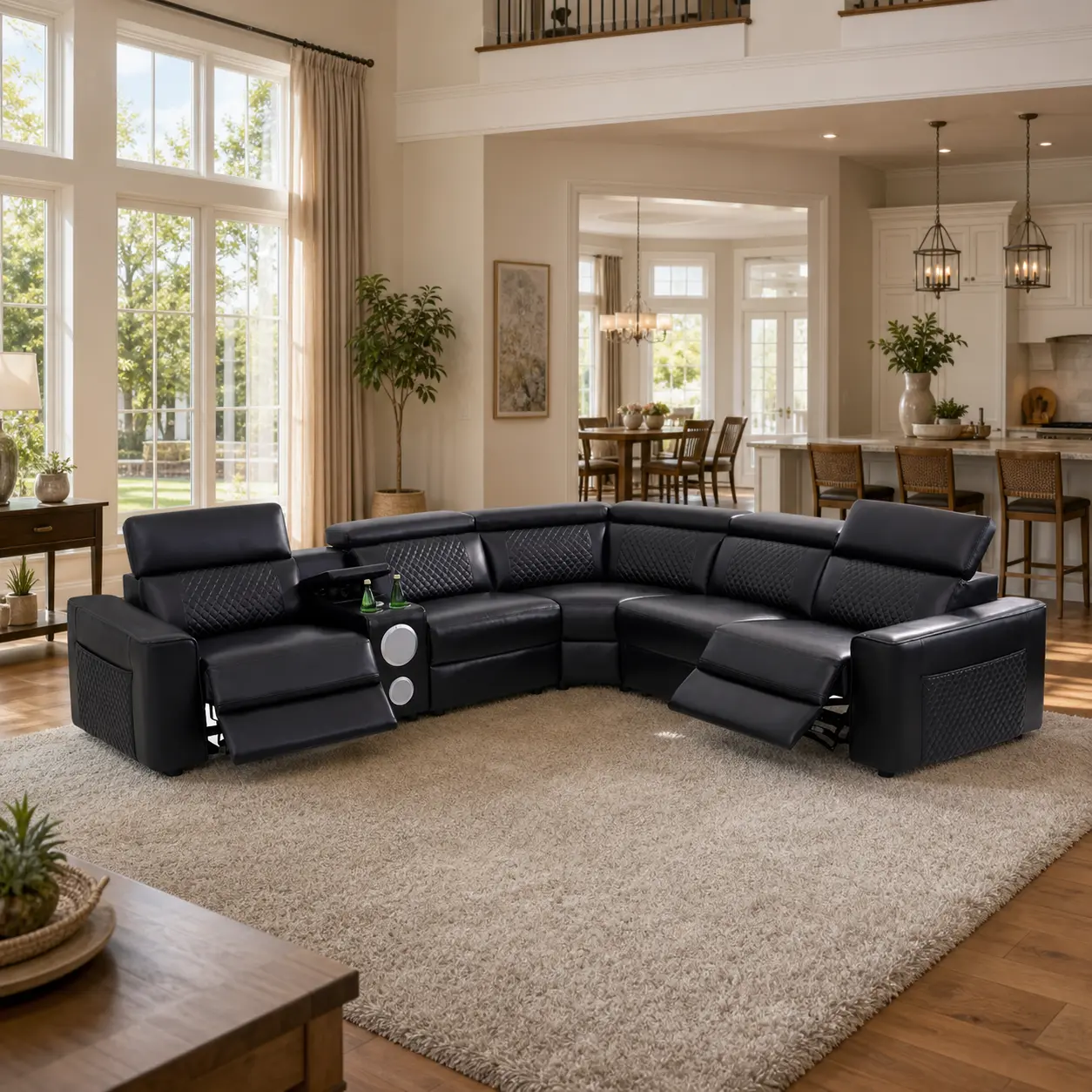 Black Breathable Semi-PU Leather 6-Piece Power Reclining Sofa Set with Smart Comfort Controls, Modern Living Room Couch Set for Home Theater, Family Lounge and Apartment Seating