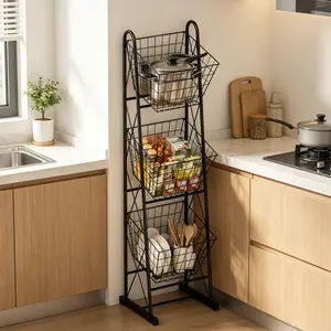 3-Tier Metal Wire Kitchen Storage Basket Organizer, Freestanding Stackable Fruit Vegetable Storage Rack, Multi-Layer Pantry Shelf for Produce, Snacks, Kitchen Countertop and Pantry Organization