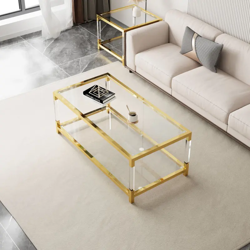 Modern Coffee Table 2-Tier Cocktail Table Living Room Luxury 47" Rectangular Center Table with Clear Glass Top & Acrylic Legs for Home Office