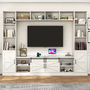 103" Farmhouse Wall Unit TV Stand with Storage and Bookshelves, Entertainment Center with Power Outlets for TVs up to 80", Living Room Media Cabinet