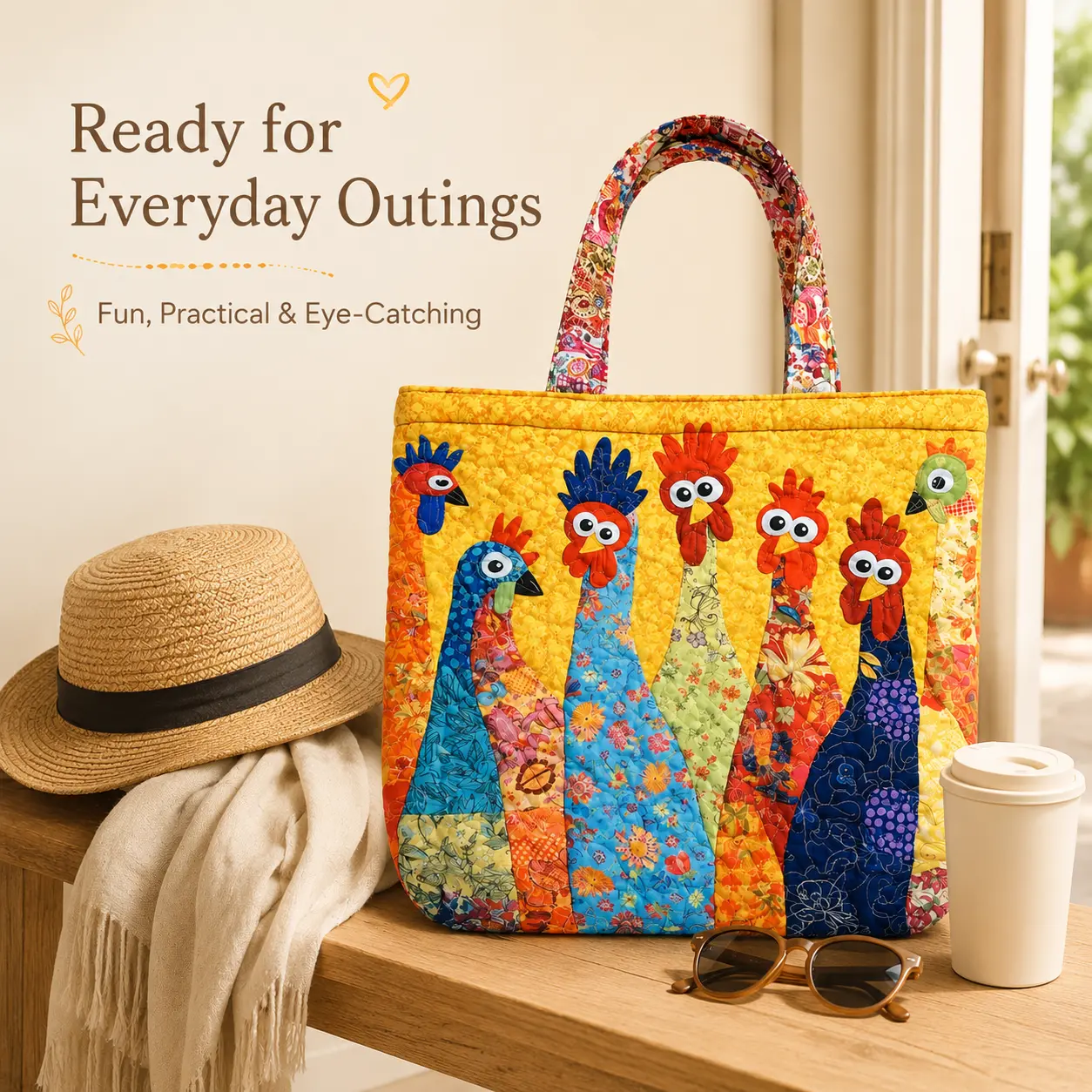 Women's Bohemian Turkey Tote Purse - Colorful Patchwork Quilted Fabric Bag, Large Capacity Reusable Tote for Shopping Trips, Lightweight Shoulder Storage Bag