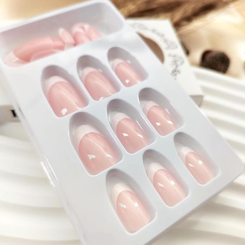 White French Tip Press on Nails - Short Oval Fake Nails for Daily Wear - Simple Glue on Light Pink Full Cover False Almond Acrylic Stick on Nails for Women - 24 Pcs
