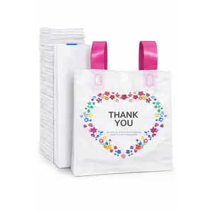 Floral Thank You Merchandise Bags, Pack 100 pieces Die Cut Handles, Retail Shopping Bags for Boutique, Goodie Bags, Gift Bags Bulk, Favors, Reusable Plastic Bags