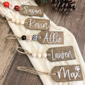Stocking Name Tags, Christmas Tags Beaded, Wooden Personalized, Farmhouse Christmas Tags, Rustic Christmas, Gift Tag, Easter Basket Name Tag