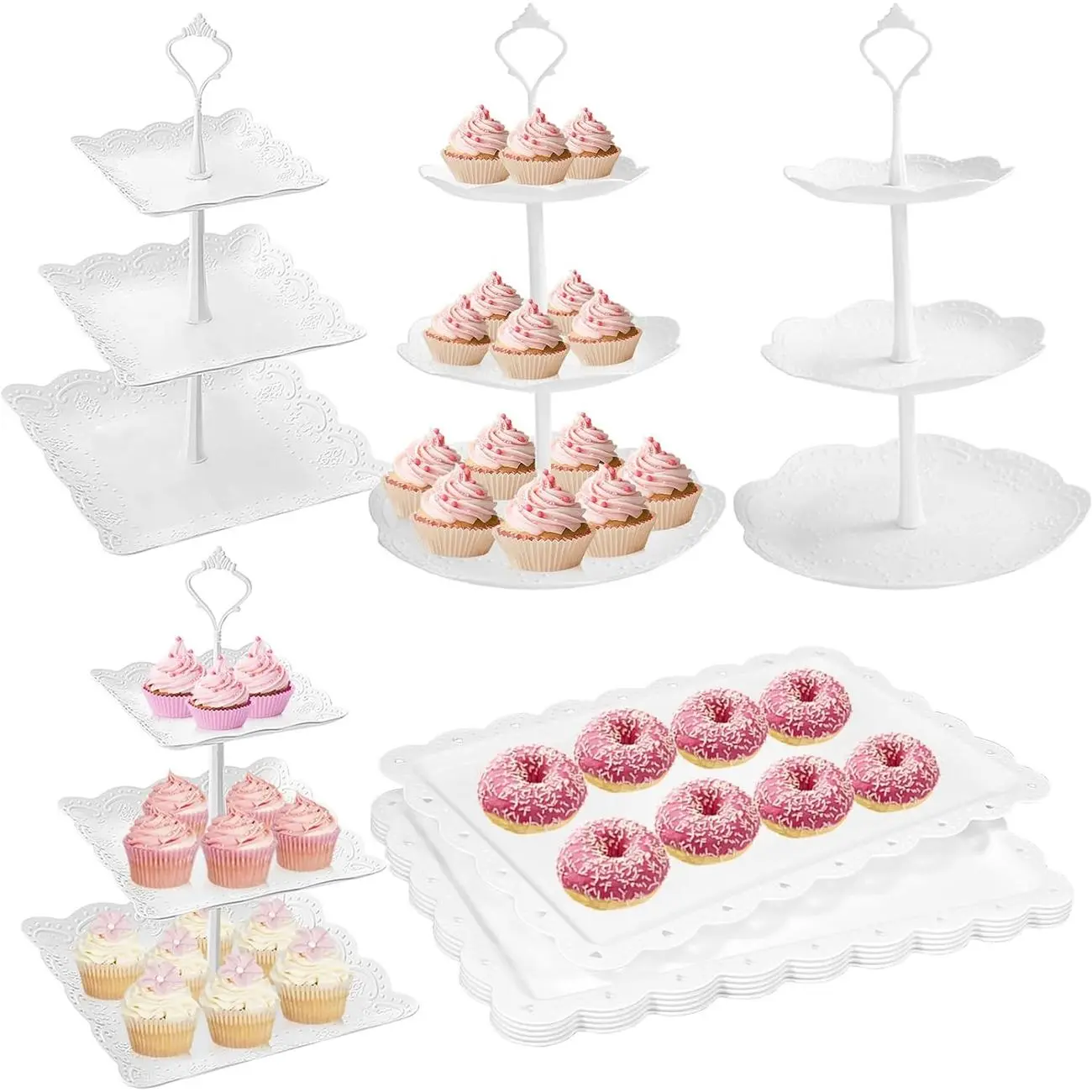 White Plastic 10 Pcs Cake Stand Set with 3 Tired Cupcake Display Stands, 6 Pcs Dessert Trays for Wedding, Baby Shower & Tea Party