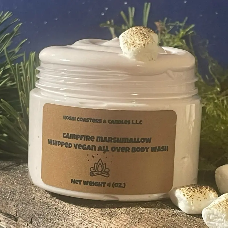 Rossi Coasters & Candles LLC Campfire Marshmallow Whipped Vegan All Over Body Wash & Shaving Cream in Toasty S'mores Scent for Great Bathing or Showering Experience 5 oz Cleansing Cleanser