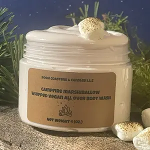 Rossi Coasters & Candles LLC Campfire Marshmallow Whipped Vegan All Over Body Wash & Shaving Cream in Toasty S'mores Scent for Great Bathing or Showering Experience 5 oz Cleansing Cleanser