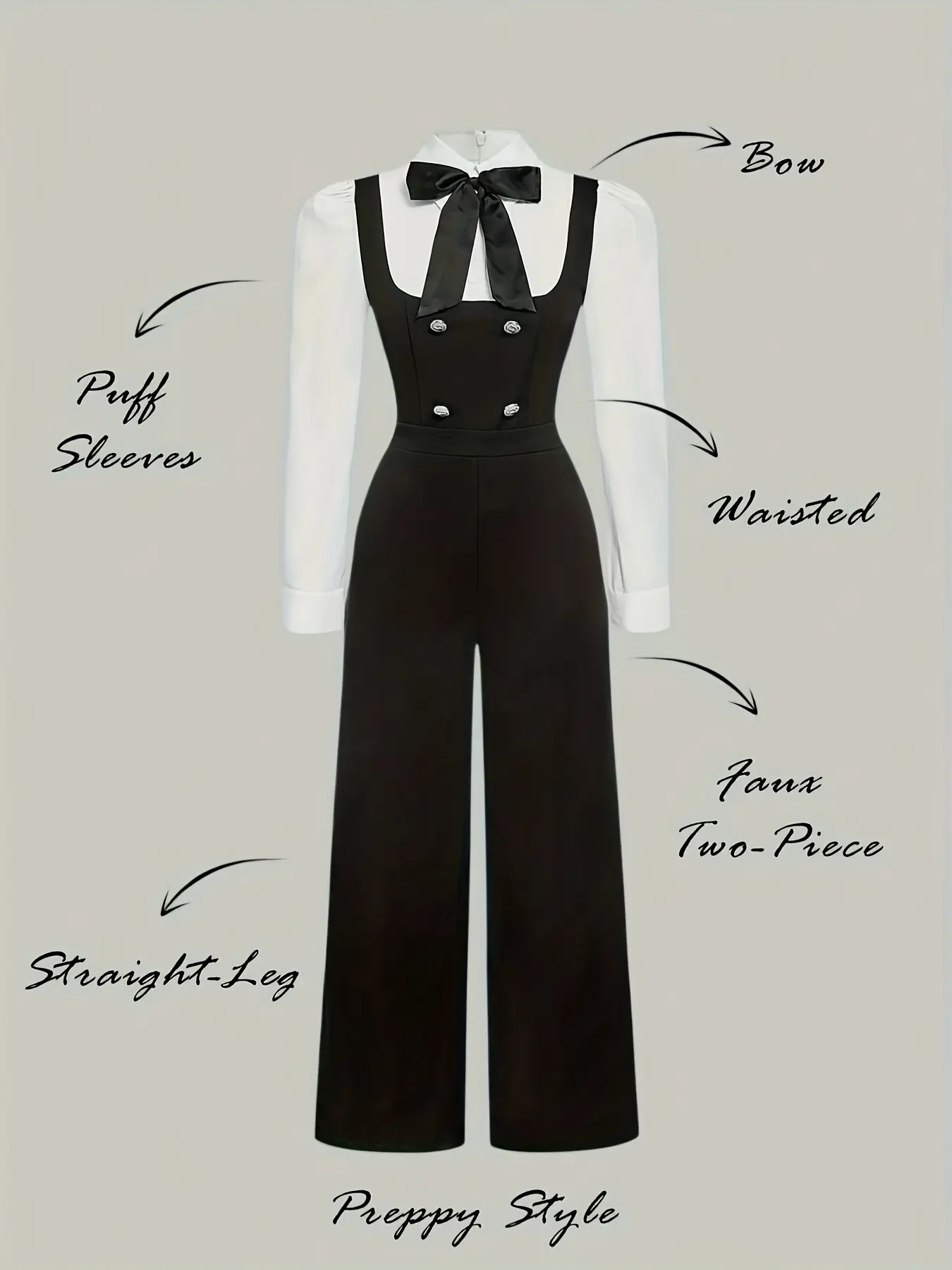 Women's Elegant Bowknot Detail 2-in-1 Jumpsuit, Preppy Style Back Zipper Faux Button Accents Jumpsuit for Fall