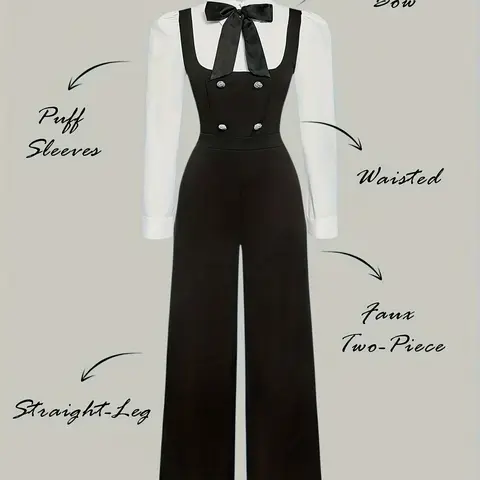 Women's Elegant Chic Bowknot Detail 2-in-1 Jumpsuit, Preppy Style Back Zipper Faux Button Accents Jumpsuit for Fall