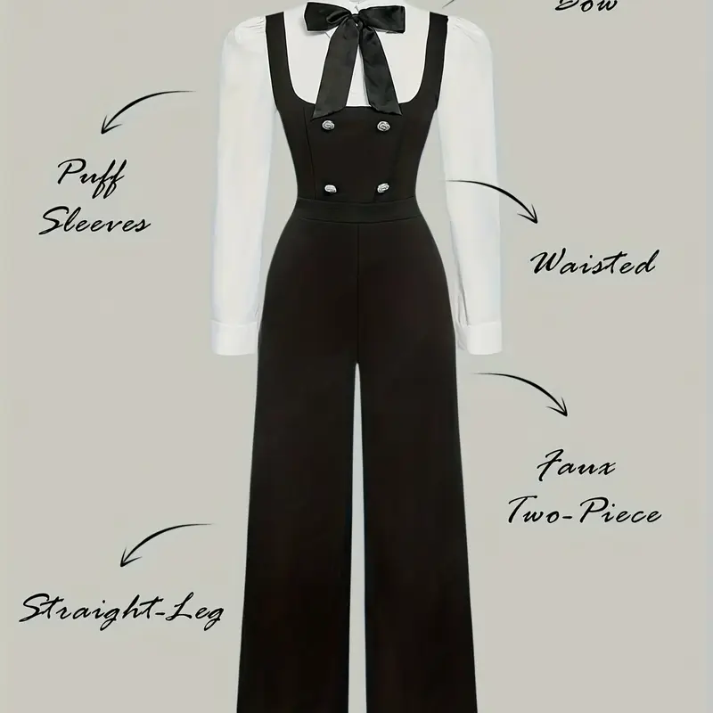Women's Elegant Chic Bowknot Detail 2-in-1 Jumpsuit, Preppy Style Back Zipper Faux Button Accents Jumpsuit for Fall