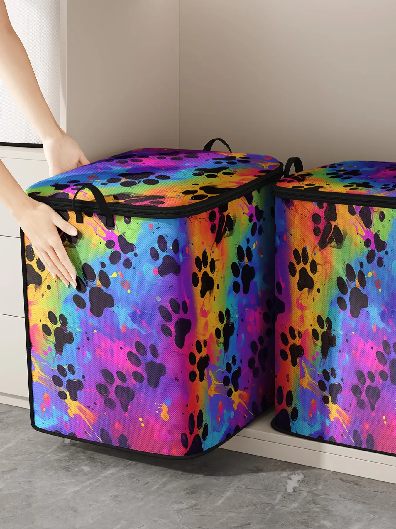 Cute Dog Paw Print Thick Blanket Storage Bag, Durable Material, Easy Carry Handle, Perfect for Home Use, Stores Blankets & Toys, Foldable Storage Organizer