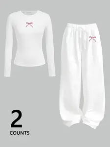 Women's Elegant Party Casual Natural Versatile Texture Comfortable Fitted Trendy Long Sleeve Graphic Butterfly Knot Set, 2 Piece, All Seasons