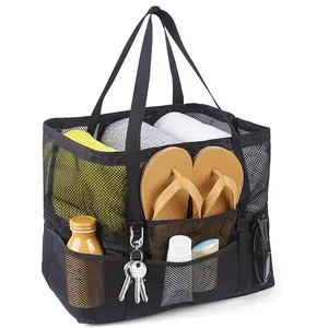 DEZZER Mesh Beach Tote Large Beach Bag for Family Multi-Pocket Design Mesh Bag with Zipper Pocket Perfect for Pool Beach & Vacation Essentials Black