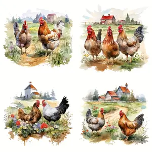 4pcs Country Pastoral Chicken Pattern Hot Transfer Stickers Hot Press Flower DIY Art Clothing Hot Transfer Stickers T-shirt Backpack Hot Transfer Stickers - Mixed Color, Vinyl Material