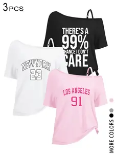 Women's 3-Pack Off Shoulder T-Shirts, 2026 Trendy Cold Shoulder Short Sleeve Tops with Adjustable Strap, Y2K & Slogan Graphic Print, Casual Loose Knot Hem Tees, Daily, Party, Streetwear, Summer Outfits, TikTok Viral Oversized Off The Shoulder Tops