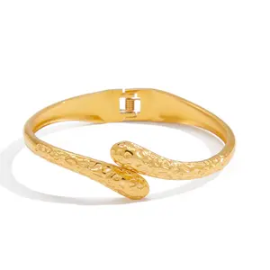 Gold Color Snake Skin Texture Hinged Bangle Bracelet