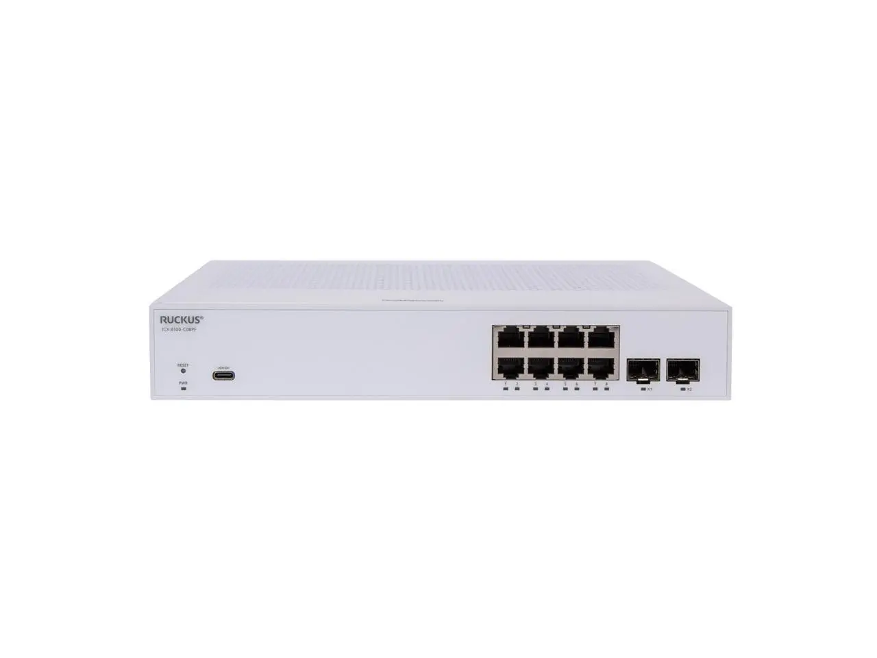 RUCKUS ICX 8100 Compact Switch, 8x10/100/1000 Mbps PoE+ 802.3at, 30W Class 4 ports, 2x10GbE SFP+ uplink-ports, 124W PoE budget. Power cord not included | ICX8100-C08PF-X