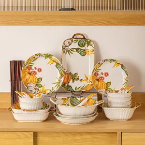 Pumpkin Pattern Ceramic Tableware Set, Nordic Style Ceramic Plate & Bowl & Cup & Plate Set, Household Tableware Set for Home Kitchen Dining Room