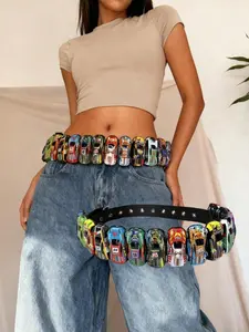 Handmade DIY Colorblock Mini Racing Car Belt, Casual Waist Belt, Belt For Jeans, Unisex Retro Y2K Punk Style, Street Fashion Accessory, Durable Buckle, All Seasons