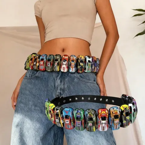 Handmade DIY Colorblock Mini Racing Car Belt, Casual Waist Belt, Belt For Jeans, Unisex Retro Y2K Punk Style, Street Fashion Accessory, Decorative Belt, Statement Belt, Durable Buckle, All Seasons, Printed Belts, Cool Belts